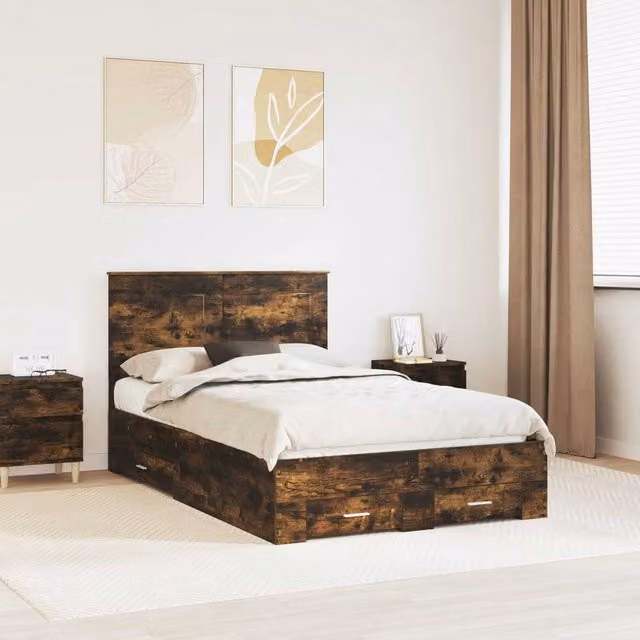 Berkfield Home Modern Bed Frame with Drawers in Smoked Oak Brown, W/D/H: 120 x 200 cm – 1