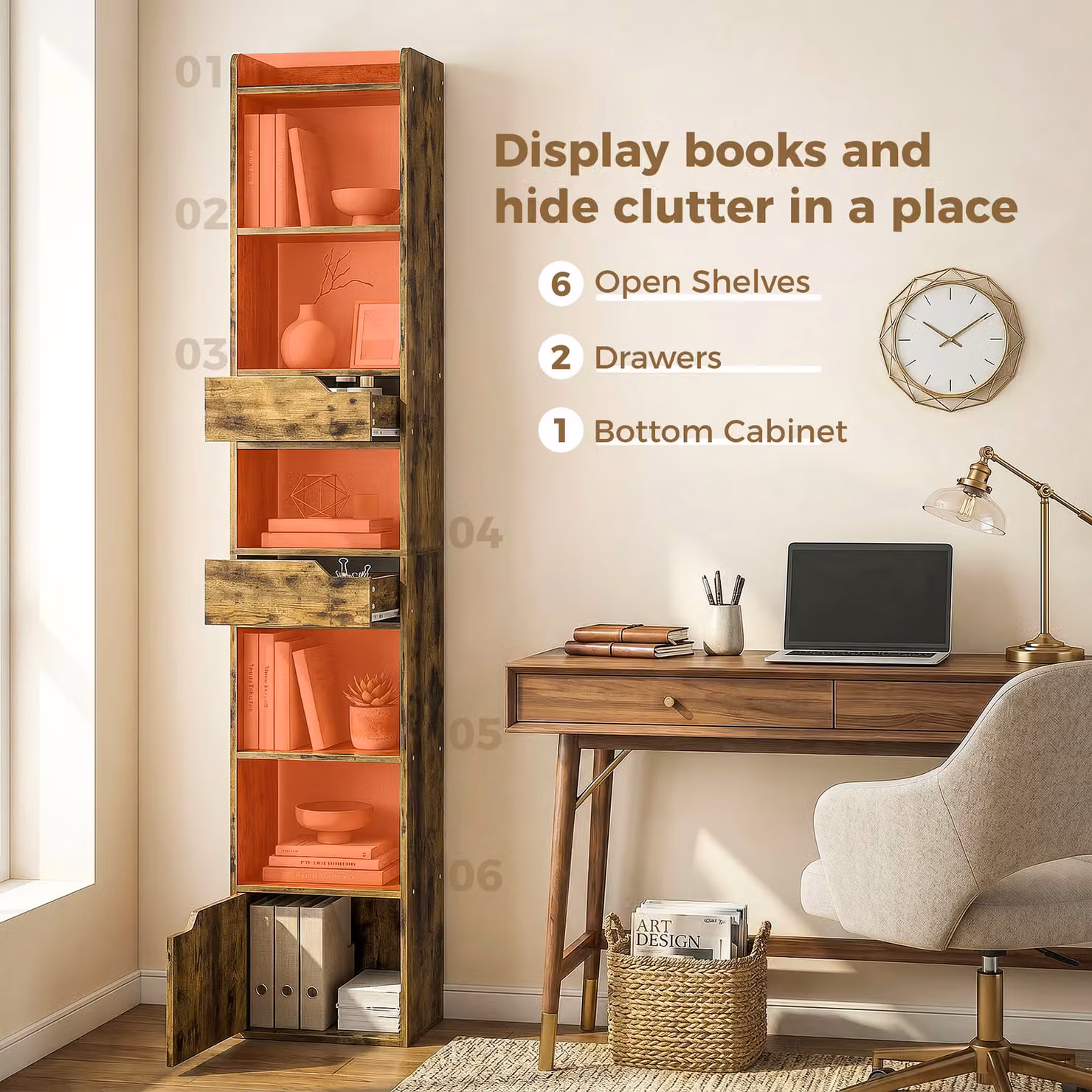 HOMCOM Tall Narrow 5-Tier Bookcase with Drawers and Storage Cabinet in Rustic Brown – 4