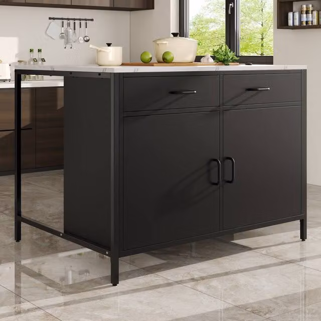 Merax Black Kitchen Island Cabinet with Marble Effect Top and Coffee Bar Table, W/D/H: 100 x 90 x 90 cm