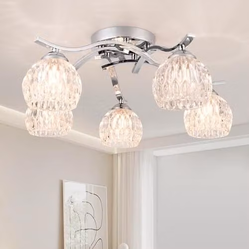 Harper Living Modern 5-Light Semi-Flush Ceiling Light with Transparent Glass Shades and Polished Chrome Finish