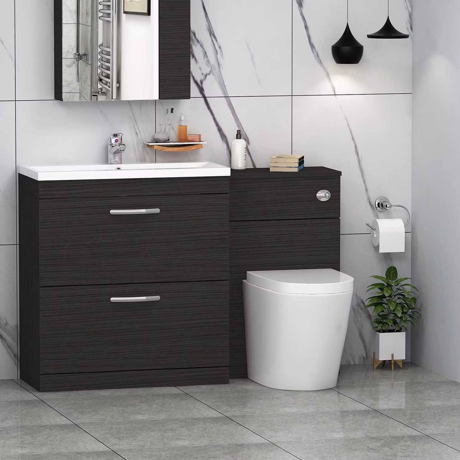 Royal Bathrooms Turin 1300mm Hale Black 2-Drawer Mid-Edge Basin and Cesar Back to Wall Toilet Pack