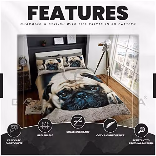 Gaveno Cavailia Wildlife 3D Sweet Pug Bed Set with Duvet Cover and Pillowcase, Multicolour, W: 180 cm, H: 200 cm – 3