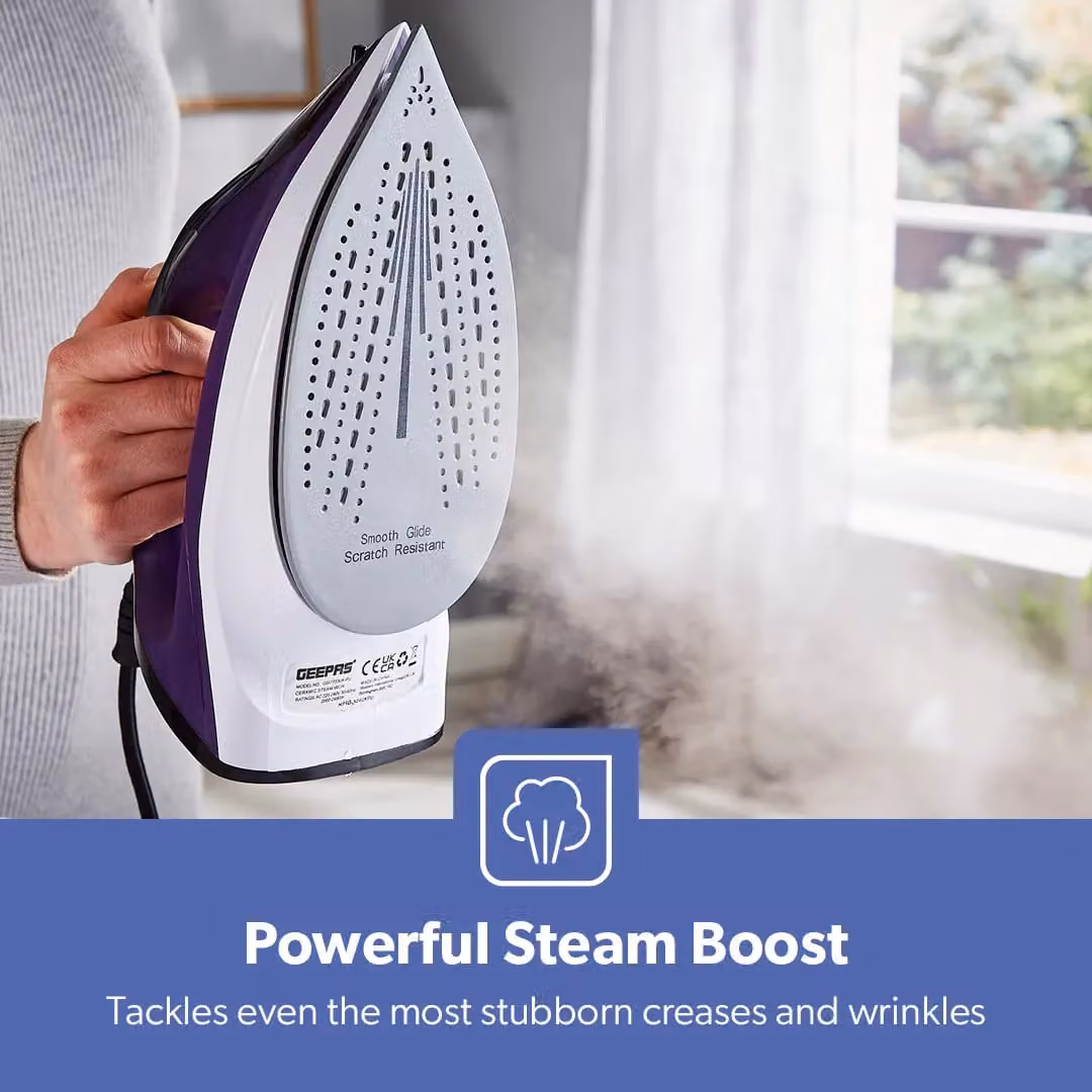 Geepas 2400W Steam Iron with Ceramic Non-Stick Soleplate and Vertical Steam in Purple – 4