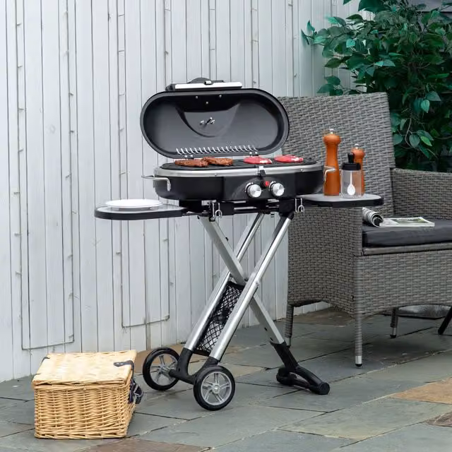 Outsunny Foldable Tabletop Gas BBQ Grill with Thermometer in Black and Silver