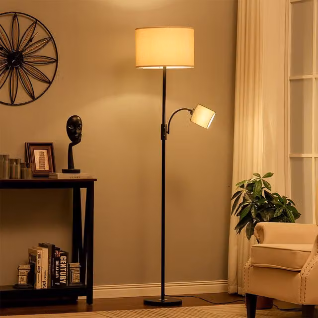 Livingandhome 2-Light Floor Standing Lamp with Adjustable Head in Black and Beige