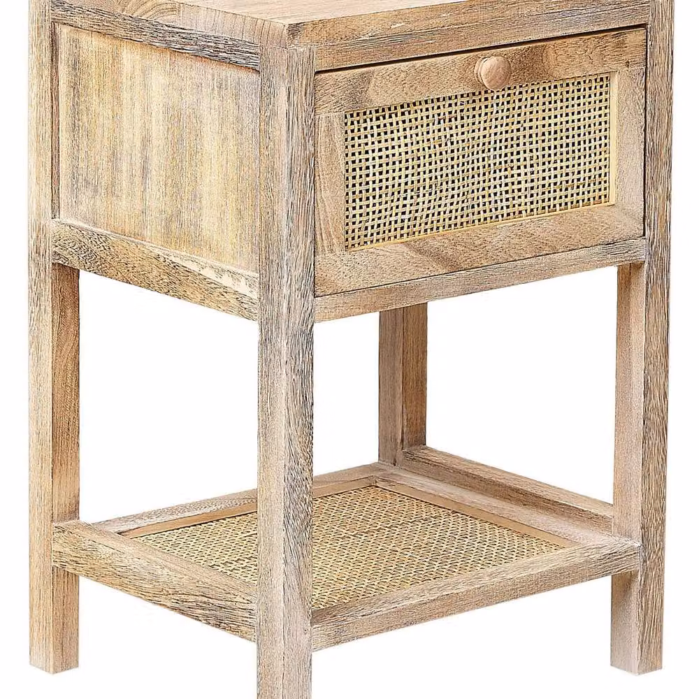 Wyld and Coco Paulownia Wood Bedside Table with 1 Drawer and Brown Rattan Front – 2
