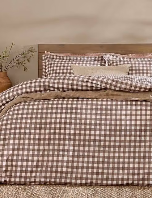 YARD Barton Gingham Checked Cotton Percale Bedding Set, Brown Mix, W: 180 cm, H: 200 cm