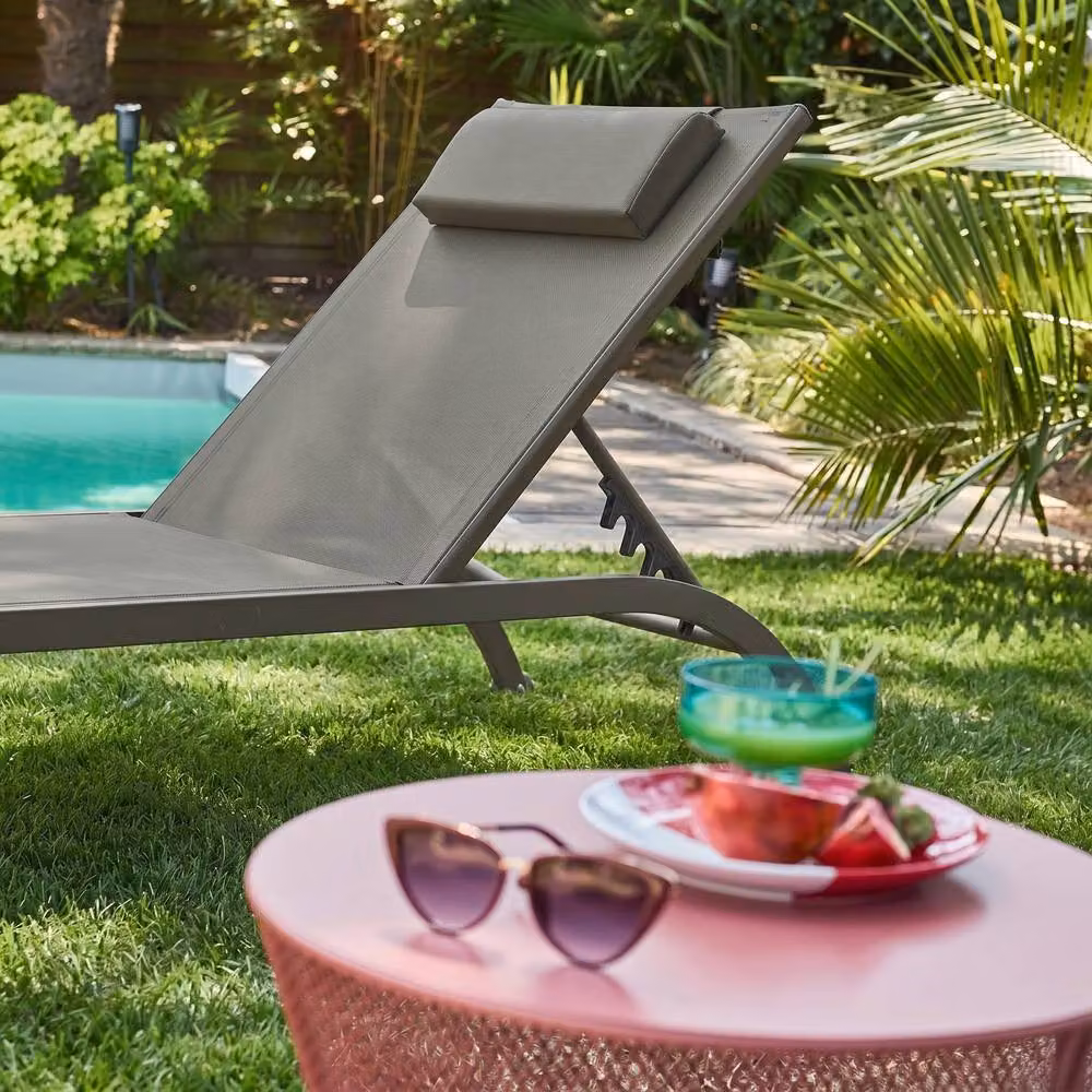 sweeek Set of 2 Khaki Multi-Position Steel Sun Loungers with Textilene Fabric, Cushions, Armrests and Castors – 3