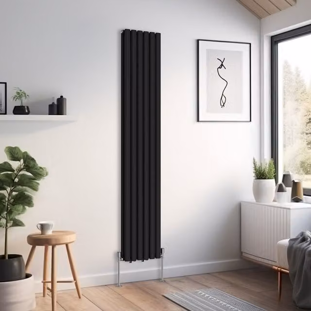Right Radiators Oval Double Panel Vertical Radiator in Black, H: 180 cm, W: 35.4 cm