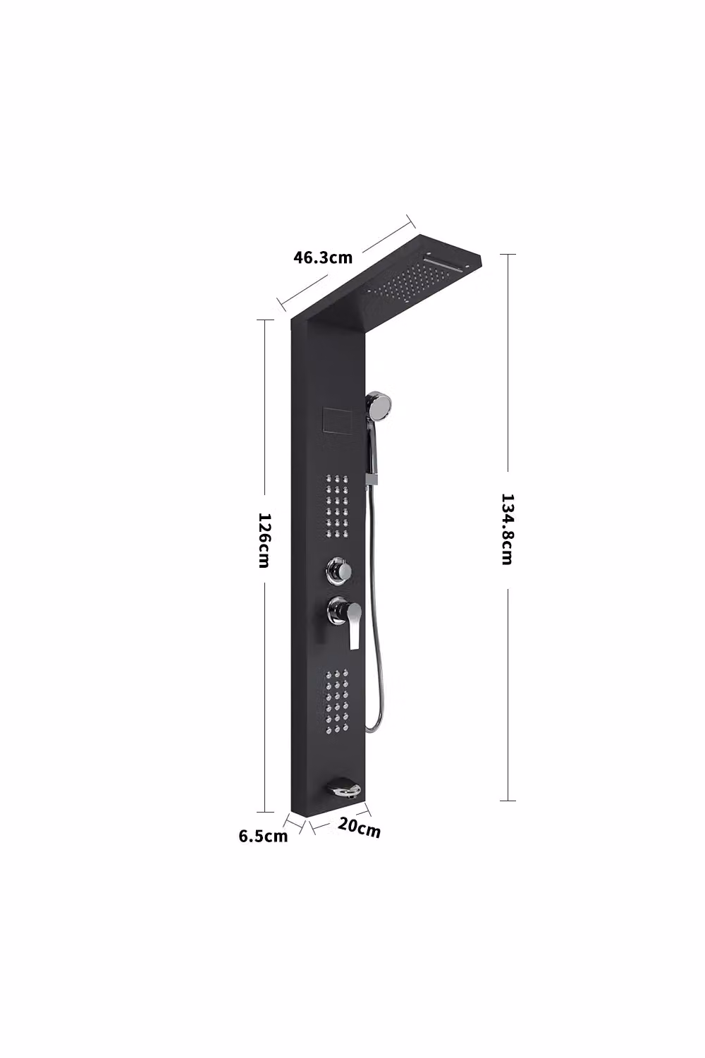 Living and Home Stainless Steel Shower Panel with LED Temperature Display, Hand Shower, Rain and Massage Functions in Matt Black, H: 134.8 cm – 6