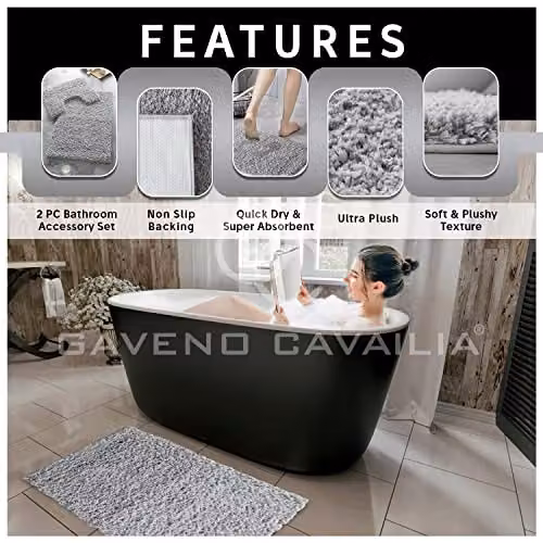 Gaveno Cavailia 2 Piece Zero Twist Non Slip Bath Mat and Pedestal Set, Grey, W/D/H: 80 x 50 cm and 50 x 40 cm – 2