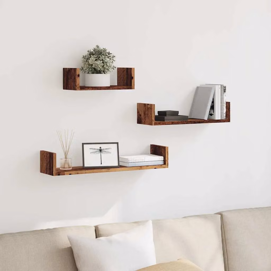 Berkfield Home Set of 3 Wall Mounted Rustic Old Wood Shelves in Brown – 2