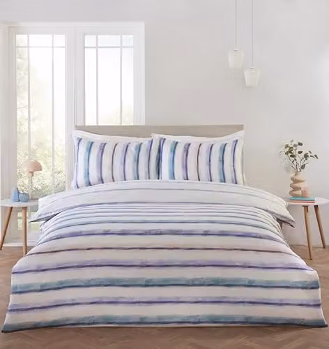 Rapport Home Striped Reversible Microfibre Duvet Cover and Pillowcase Set in Blue, White and Multicolour, W/D/H: 200 x 200 cm