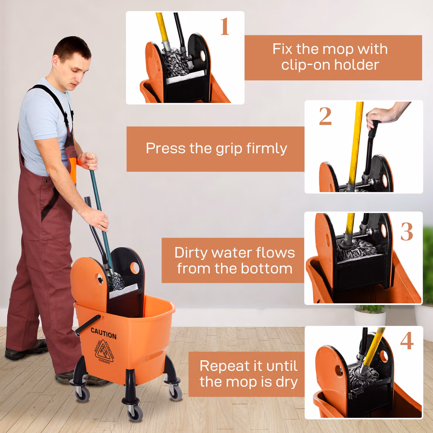 HOMCOM 26L Mop Bucket with Wringer and Wheels, Orange Plastic Bucket with Carry Handle and Mop Holder – 3