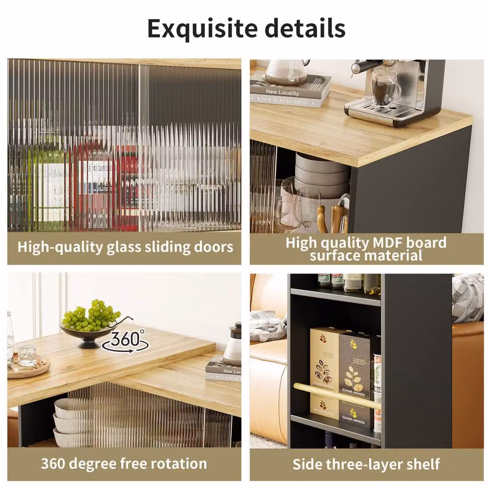 Rolipo Modern Black Dining Bar Cabinet with Glass Doors and 360 Swivelling Castors – 4
