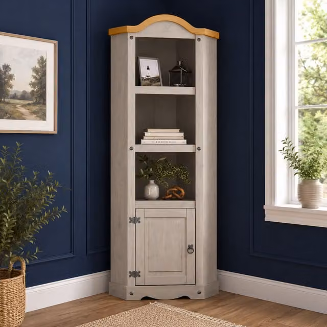 Mews Grey Waxed Pine Corner Display Cabinet Bookcase
