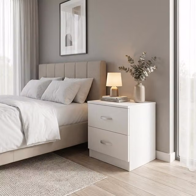 FWStyle Modern 2 Drawer Bedside Table with Matt Finish in White