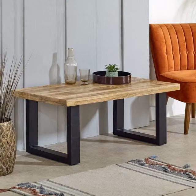 IH Design Modern Rectangular Mango Wood and Metal Coffee Table, Brown, W/D/H: 60 x 60 x 45 cm