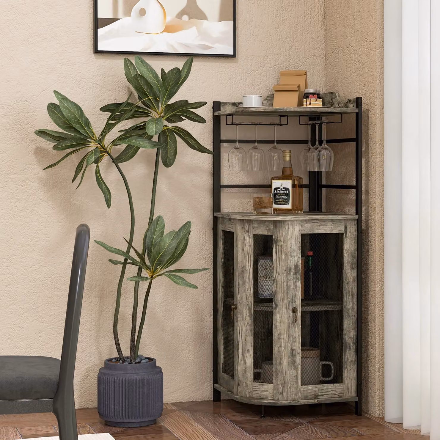 Costway Industrial Corner Bar Cabinet with Glass Holder and Mesh Doors in Brown – 3