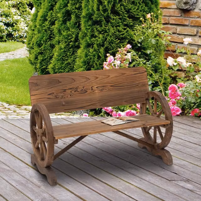 Outsunny Texan Wagon Wheel Rustic Wood Garden Bench in Carbonised Brown