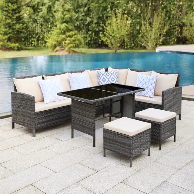 Home Garden Direct Thalia 8 Seater Rattan Dining Set in Beige and Grey with Glass Top