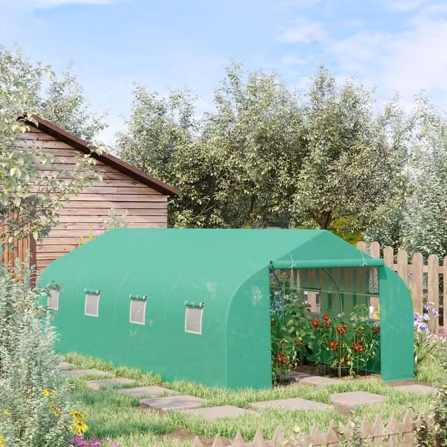 OUTSUNNY Green Walk-in Polytunnel Greenhouse with Door and Windows, W: 6 m, H: 3 m