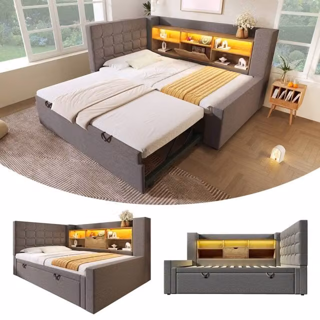 ModernLuxe Upholstered Single Bed in Grey with Pull-out Guest Bed, LED Lighting, USB Charging Port and Storage W/D/H: 90 x 190 x 107 cm