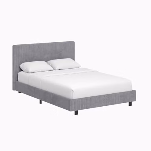 FWStyle Small Double Fabric Bed in Grey with Ribbed Tall Padded Headboard, W/D/H: 120 x 200 x 94 cm