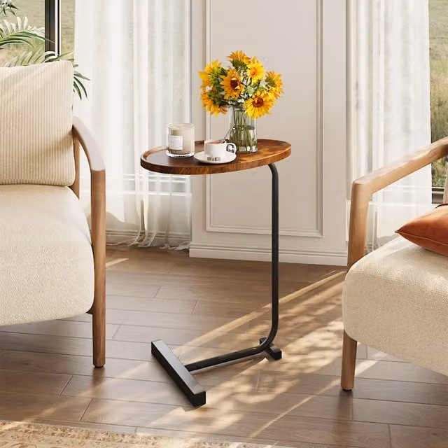 Livingandhome Round Metal Frame Side Table with MDF Top in Black and Brown