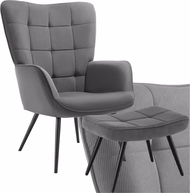 tectake Hygge Lounge Armchair with Ottoman, Anthracite and Black Cord Bouclé Fabric