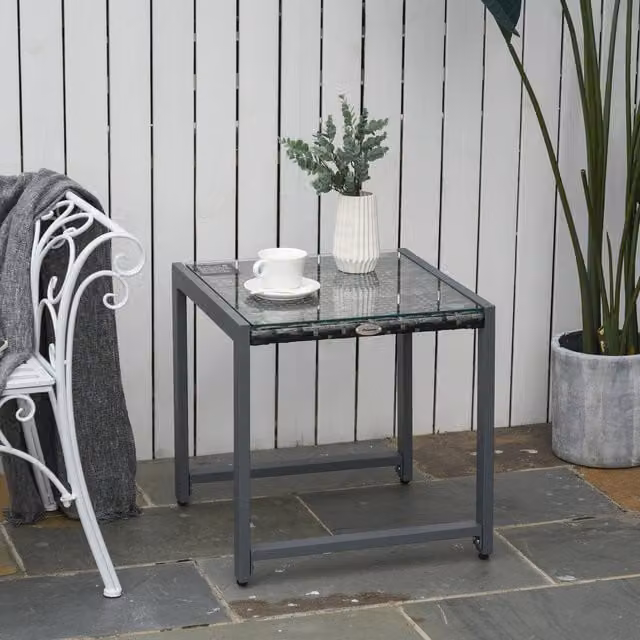 Outsunny Modern Rattan Side Table with Glass Top and Metal Frame in Grey – 1