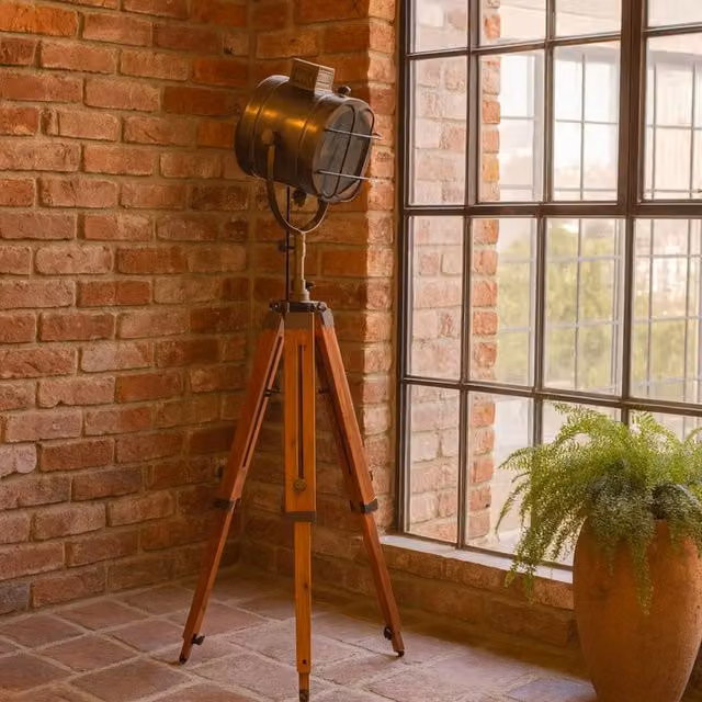 Wyld Haus Parma Tripod Spotlight Floor Lamp in Bronze and Brass with Wood Details – 1