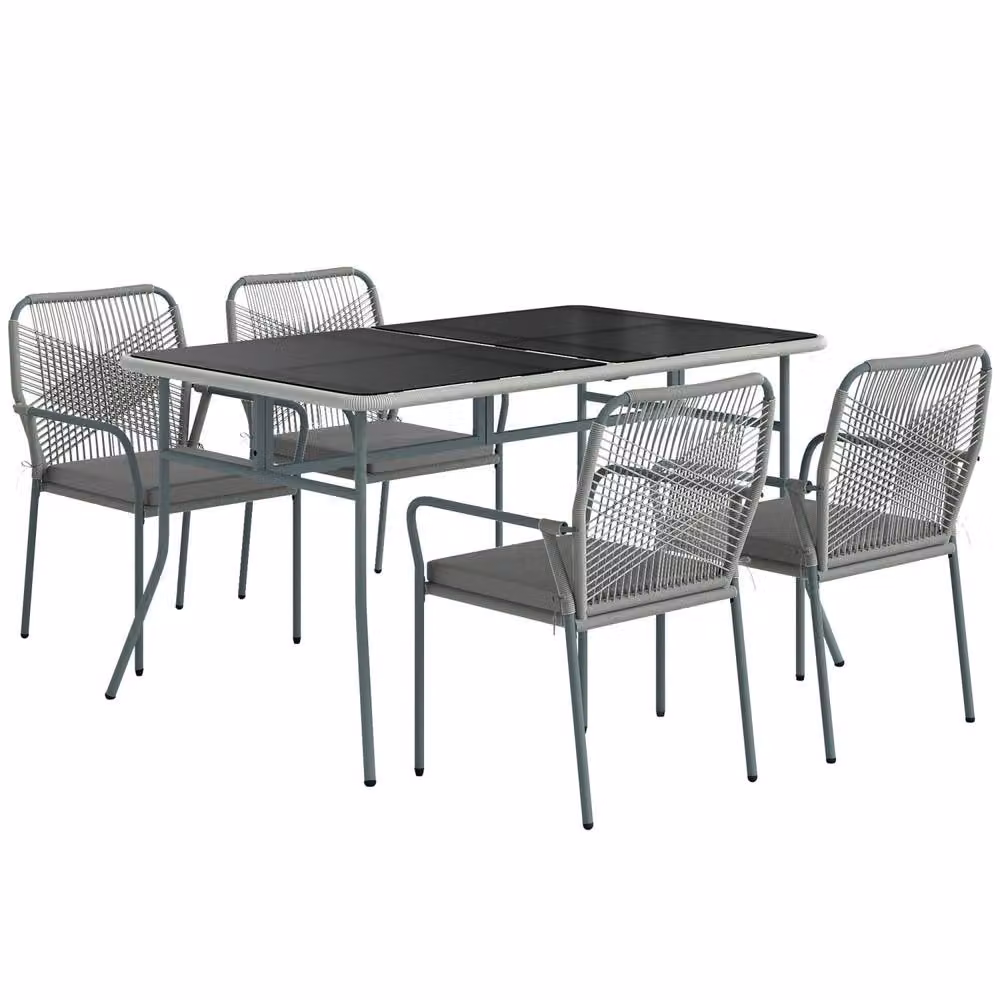 Wyld Haus Rolapa 4 Seater Outdoor Rattan Dining Set with Glass Table and Stackable Chairs in Light Grey – 2