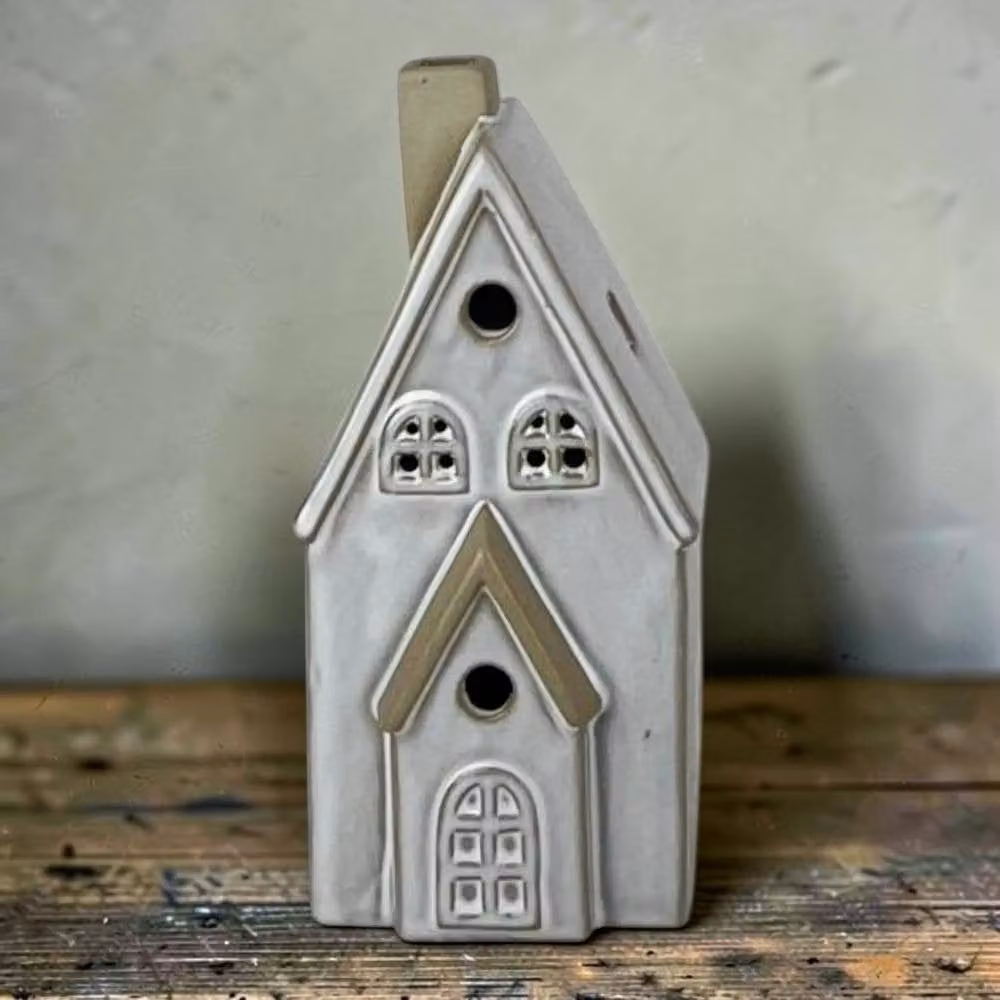 Four Candle Glazed Ceramic House Ornament in White with LED Light – 2