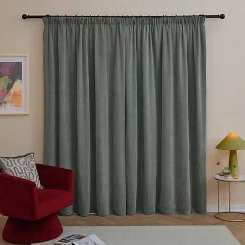 Riva Home Green Chenille Blackout Pencil Pleat Curtain Pair, Thermal Insulating, W: 168 cm, H: 229 cm – 2
