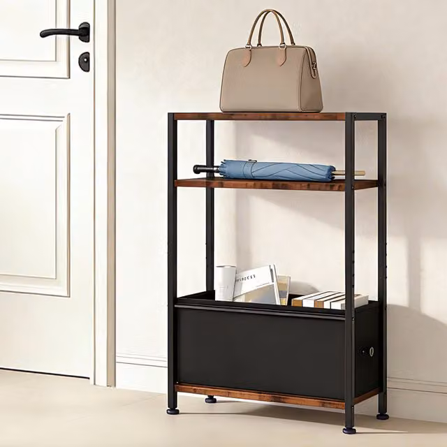 Levede Industrial Side Table with Storage Basket in Black and Brown, W/D/H: 45 x 18 x 66 cm