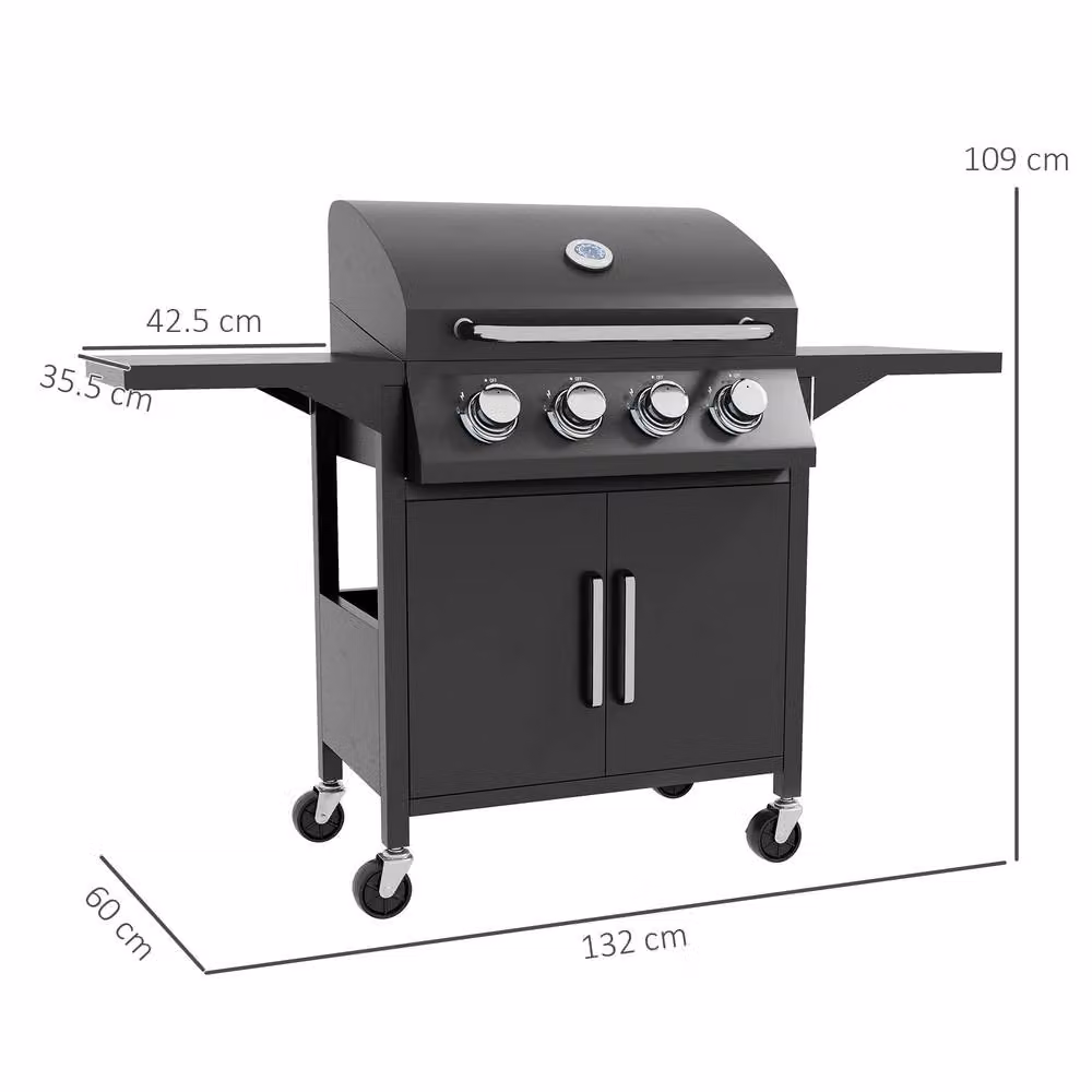Rolipo 4 Burner Gas BBQ Grill Trolley with Cabinet and Thermometer in Black – 4