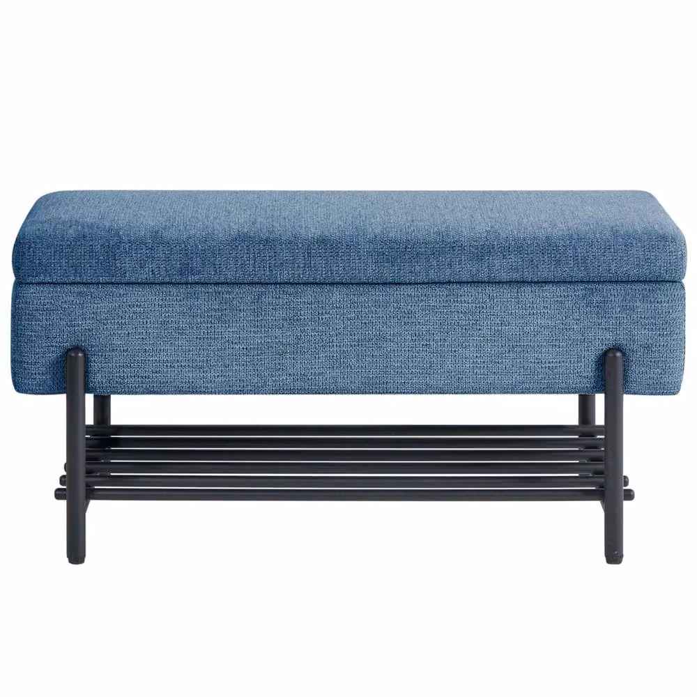Wyld Haus Blue Mid-Century Upholstered Storage Bench with Built-In Shoe Rack – 5