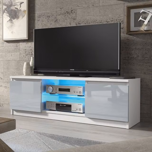 Mex Furniture LTD Modern Glossy TV Unit with LED Lighting in Light Grey, W: 120 cm, D: 40 cm, H: 38 cm