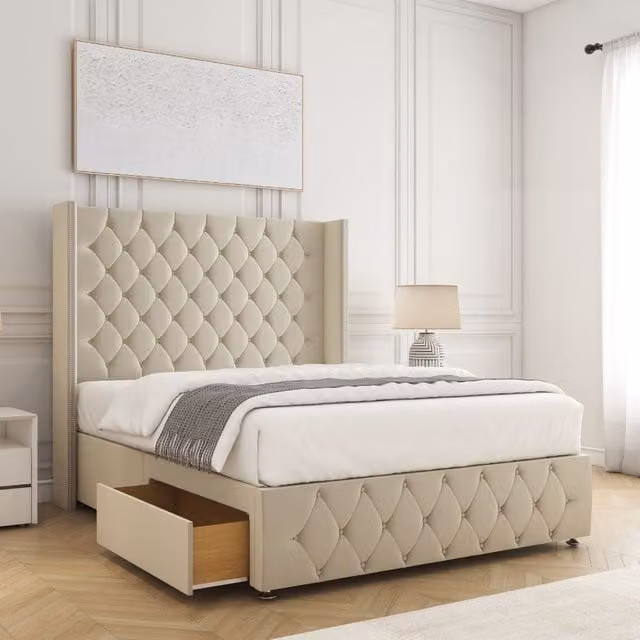 BSSPOKE Mayfair Plush Divan Bed with 54 inch Headboard and 2 Drawers in Beige, King Size W/D/H: 180 x 200 cm