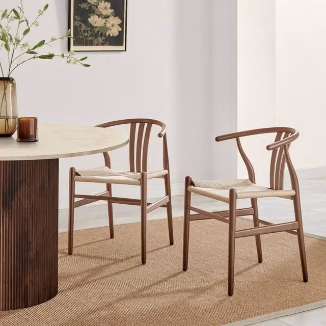 FurnitureboxUK Set of 2 Caia Wishbone Dining Chairs in Walnut Effect Wood and Rope with Armrests – 1