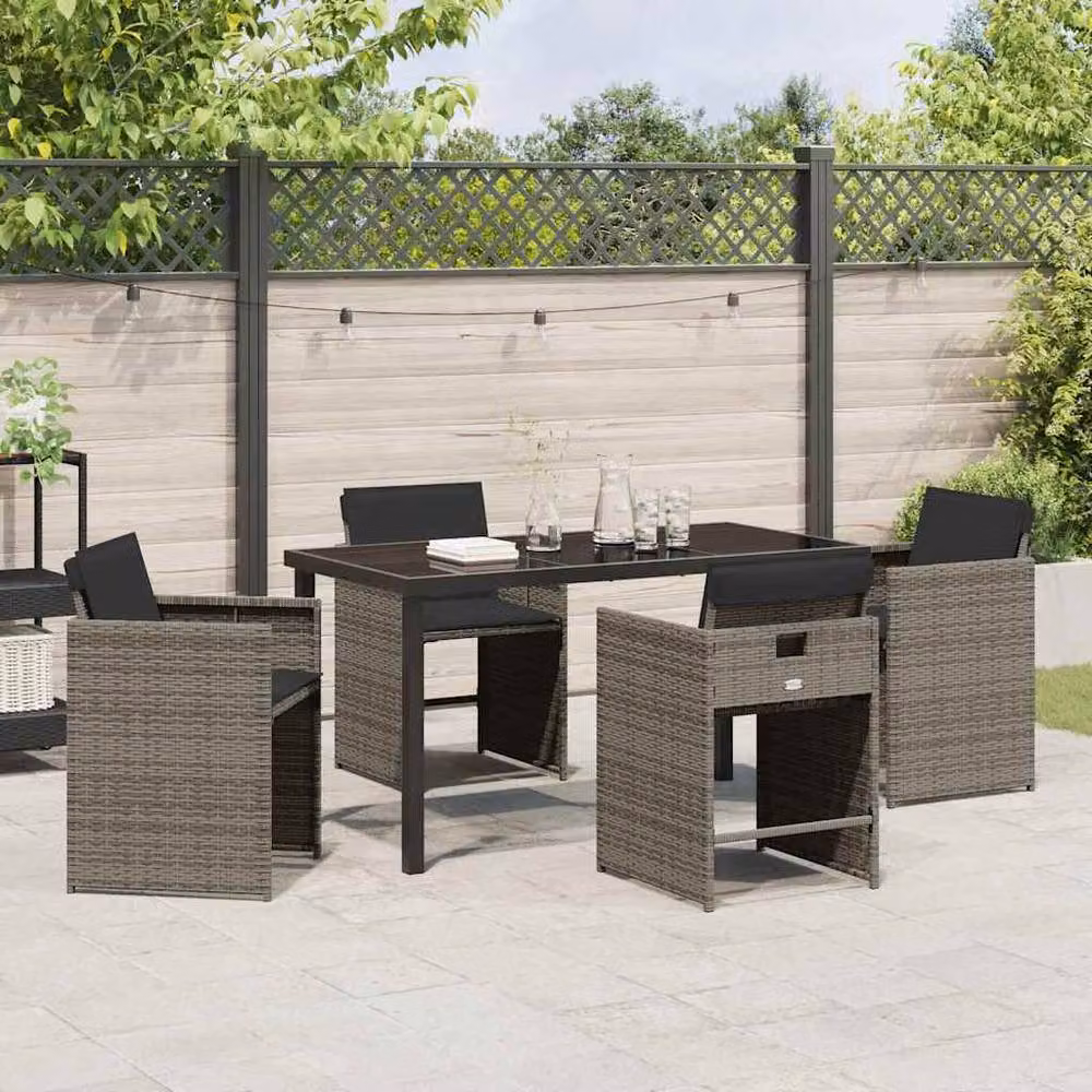 Berkfield Home 5 Piece Grey Poly Rattan Garden Dining Set with Glass Top Table – 3