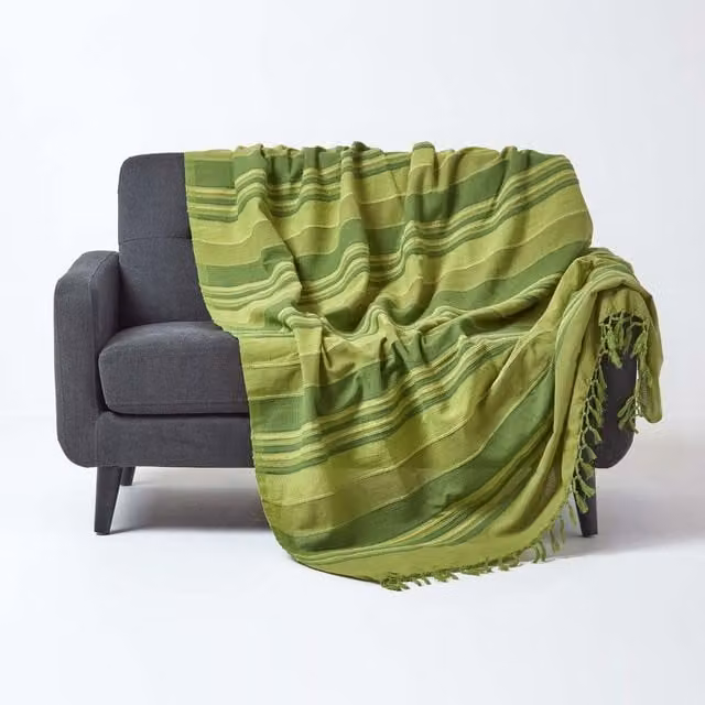 Homescapes Green Moroccan Striped Woven Cotton Throw, W: 255 cm, L: 360 cm
