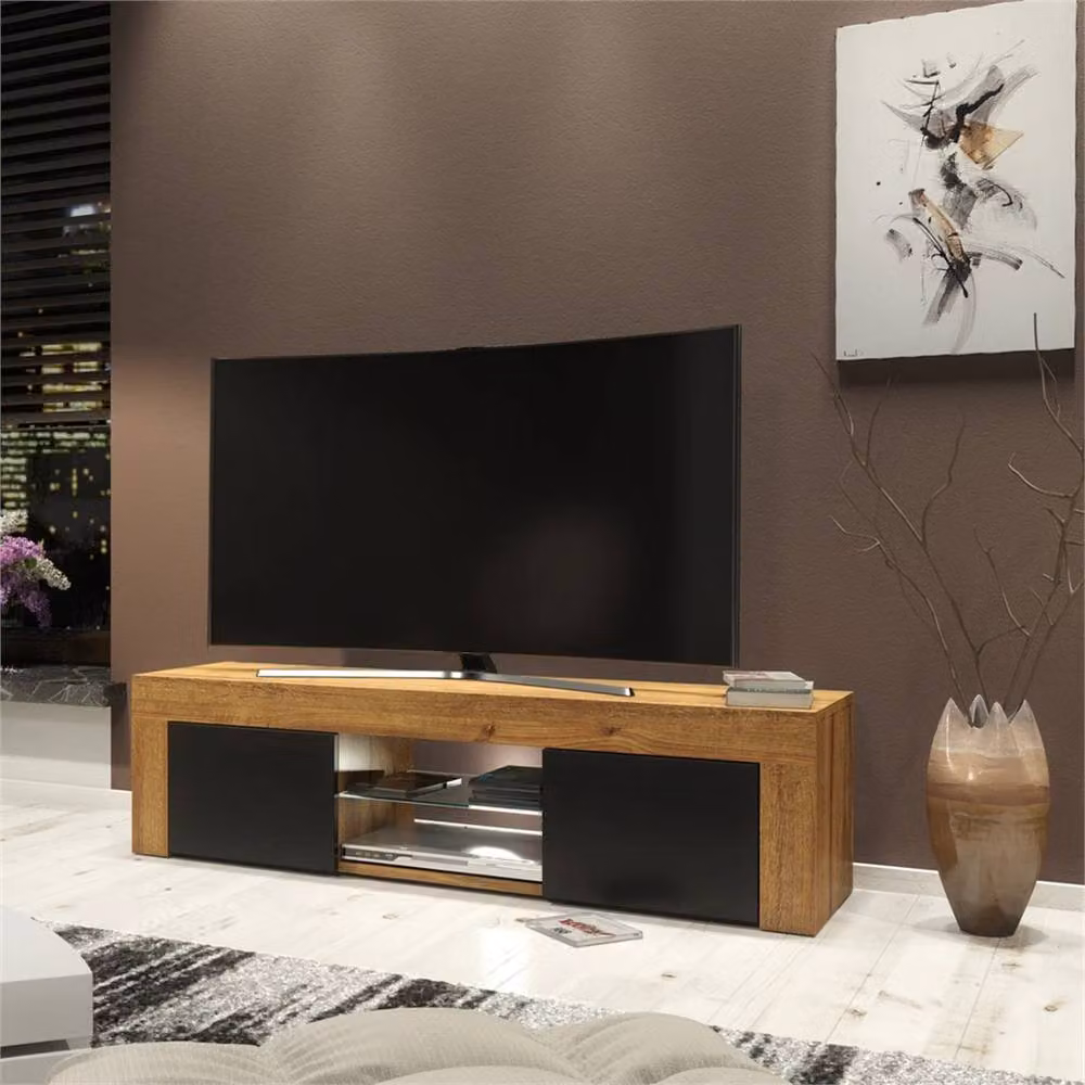 Mex Furniture PAWNORA TV Stand Cabinet in Oak Matt with Black Matt Fronts, Brown – 2