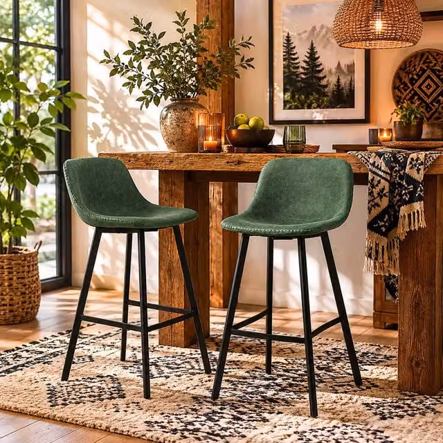 Wyld Haus Noso Tane Set of 2 Green Faux Leather Upholstered Counter Stools