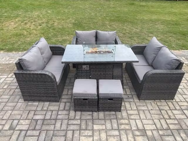 Fimous 8 Seater Outdoor Rattan Garden Dining Set with Gas Fire Pit Table and 2 Small Footstools and Love Sofa in Dark Grey