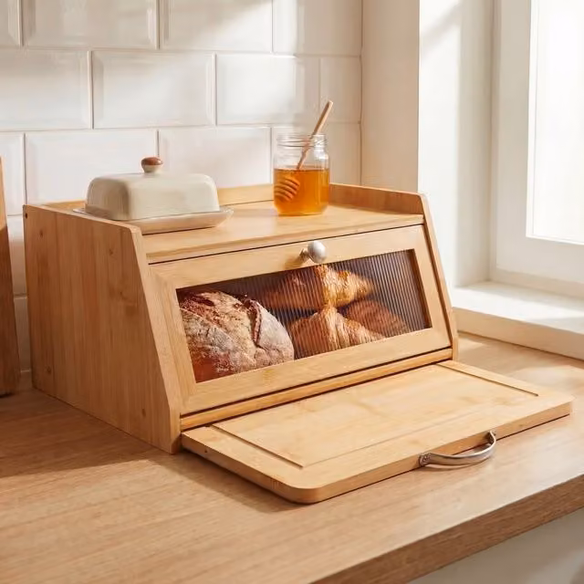 Maison Des Cadeaux Bamboo Bread Box with Fluted Panel and Cutting Board Lid in Brown and Orange, W: 39.0 cm, D: 25.0 cm, H: 19.0 cm
