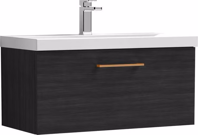 Balterley 800mm Wall Hung 1 Drawer Vanity Unit in Woodgrain Black with Black Copper Handle