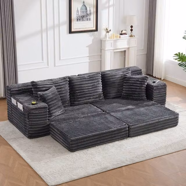 Rolipo Dark Grey Corduroy Convertible Sleeper Sofa with Cup Holders