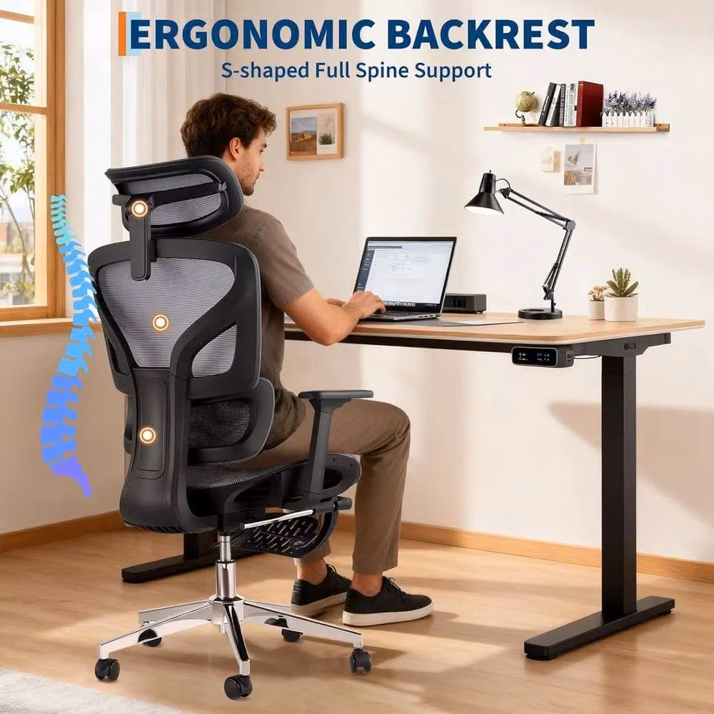 VOGREX Ergonomic Mesh Office Chair in Grey with Adjustable Armrests, Headrest and Seat Depth Adjustment – 4